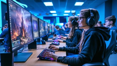 Students and professionals engaging in interactive, gamified tech learning on computers